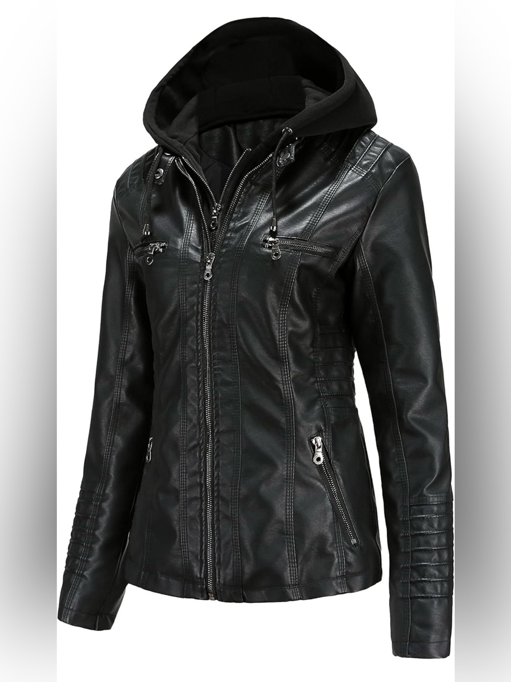 New Faux Leather Jacket Women Motorcycle Coat for Biker with Removable Hood